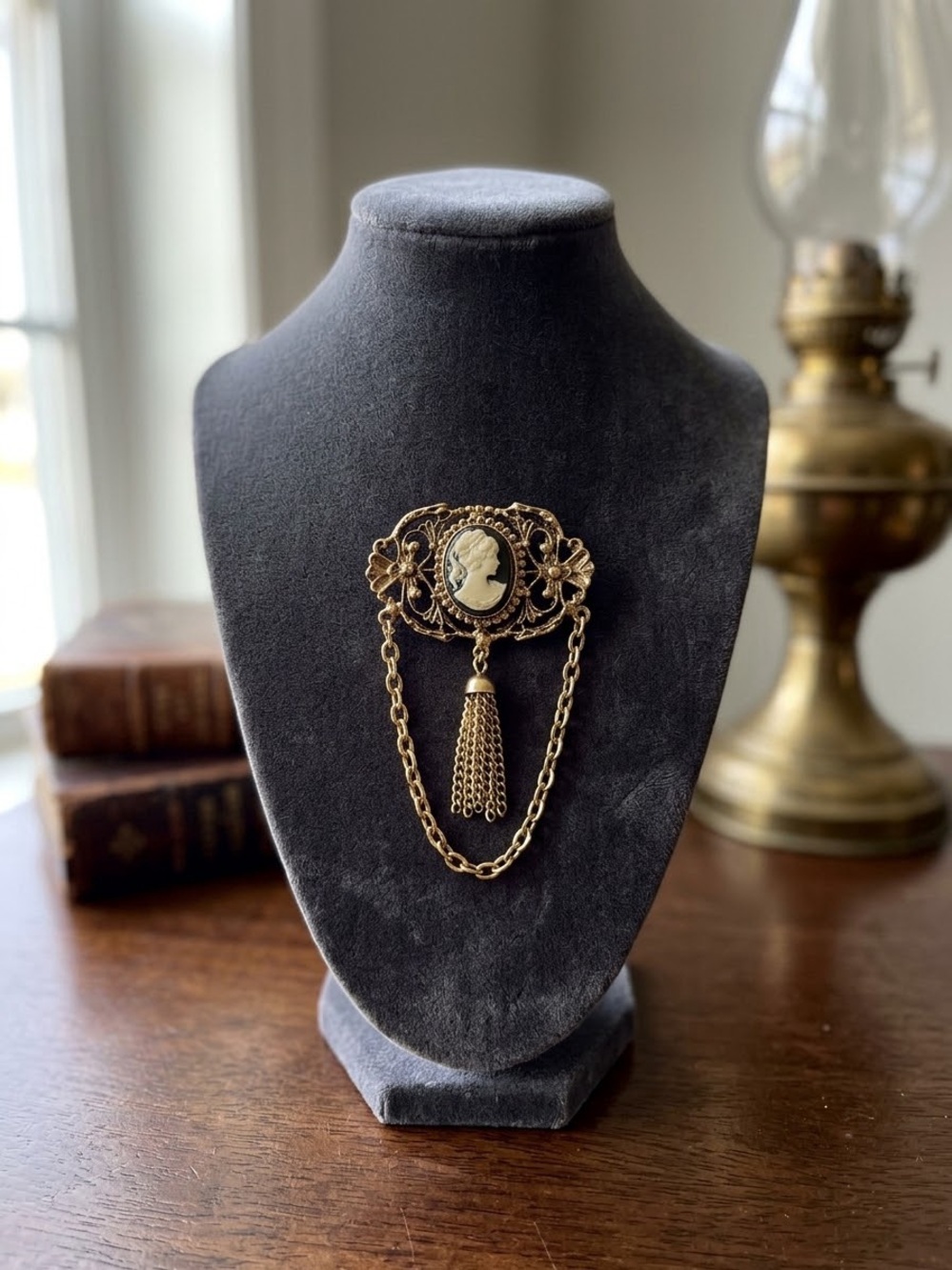 Gold Cameo Tassel Brooch - Elegant Gold-Tone Women’s Accessory
